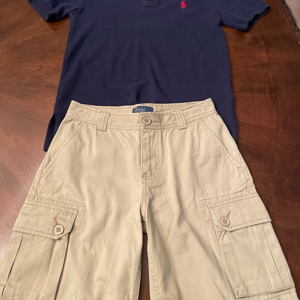 Youth Ralph Lauren polo shirt and cargo shorts.